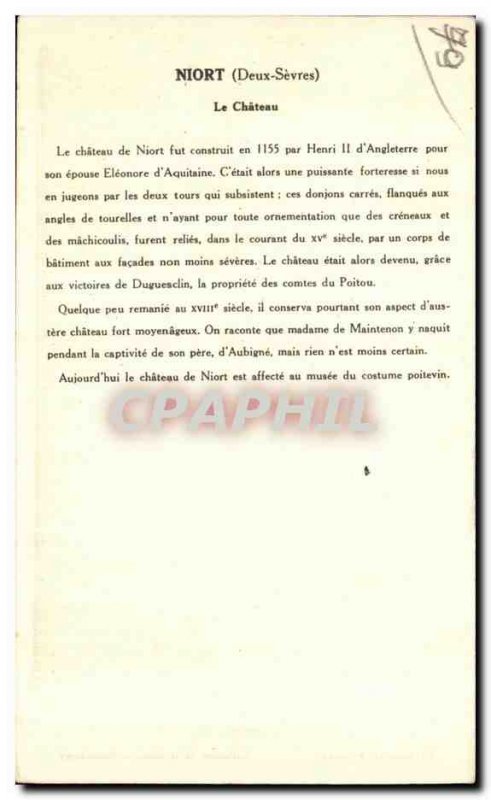 Old Postcard Niort Le Chateau