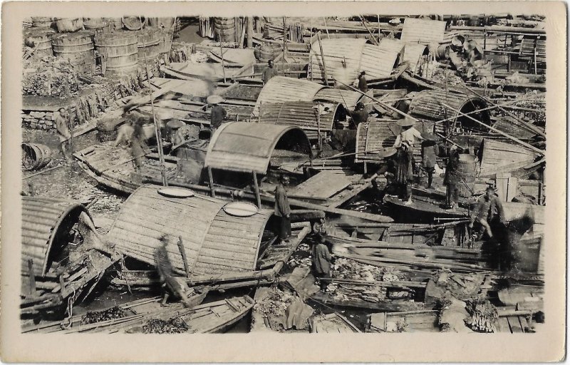 Sampans Boats in Crowded Harbor China or Hong Kong RPPC Real Photo Postcard