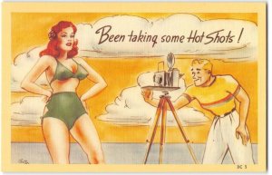 Redhead in Bikini Hot Shots Photographer Risque Comic 1940s Vintage Postcard