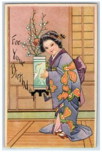 c1910's Birthday Japanese Kimono Art Nouveau Unposted Antique Postcard