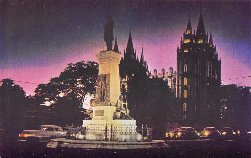 SALT LAKE CITY, UT Utah   BRIGHAM YOUNG MONUMENT~Night View  40's CARS  Postcard