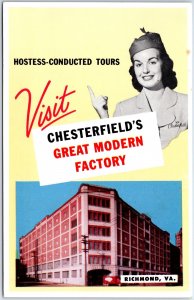 VINTAGE POSTCARD CHESTERFIELD CIGARETTE FACTORY TOUR ADVERTISING RICHMOND VA