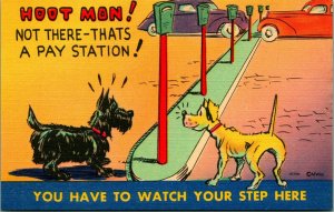 Comic Two Dogs Hoot Man Not There Pay Station Watch Your Step Linen Postcard  