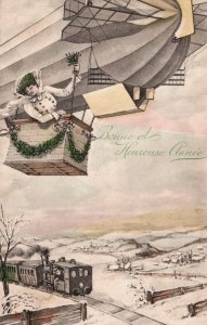 Happy New Year Woman in a Hot Air Balloon Zeppelin Vintage Postcard C320