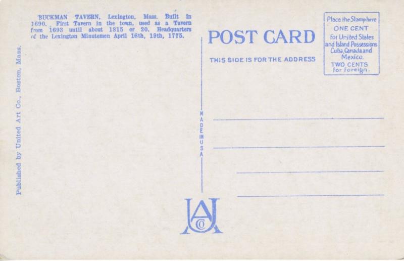 Buckman Tavern Historical Society House Lexington MA Unused Vintage Postcard D21