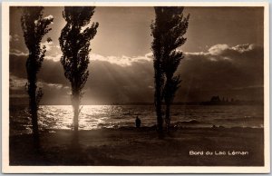 Bord Du Lac Leman Morges Switzerland Night Scene Real Photo RPPC Postcard