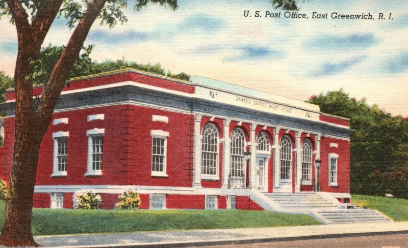 East Greenwich Rhode Island, Street View of U. S. Post Office, Vintage Postcard