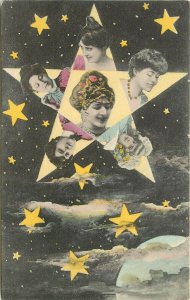 c1907 Postcard 126/1 Beautiful Womens' Faces in 5 Point Star in Heavens at Night