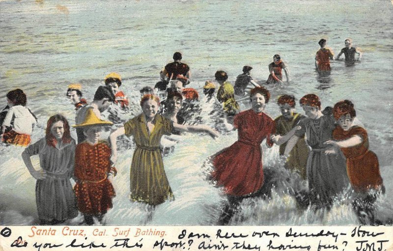 Surf Bathing SANTA CRUZ, CA Bathers California Swimming 1907 Antique Postcard