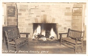 J58/ Medina Ohio RPPC Postcard c1910 Interior Camp Crag Fireplace  273