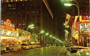 Postcard IL Chicago State Street at Night Movie Theatre Tad's Steaks 1964 V214
