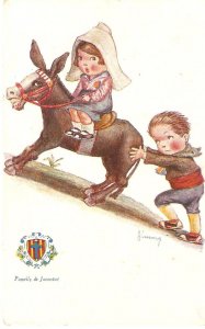 Jimmy. Boy pushing donkey with girl on Old vintage Spanish artist signed PC