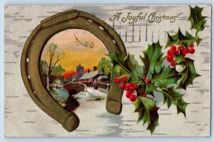 Christmas Postcard Horseshoe And Holly Berries Winter Scene Embossed Mapleton ME