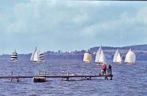 Chautauqua Lake, NY, Sailing Sail Boats people on dock New York Postcard