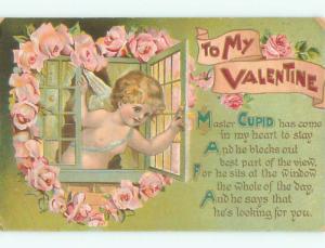 Pre-Linen valentine CUPID AT THE WINDOW INSIDE HEART MADE OF ROSE FLOWERS k5673