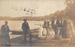 D33/ Oswego Indiana In Real Photo RPPC Postcard Lake Family Boat Dock 1908