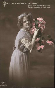 Birthday Pretty Woman Flowers Tinted Real Photo Vintage Postcard