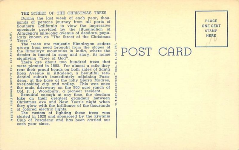 Altadena California Christmas Tree Street Linen Postcard Unused