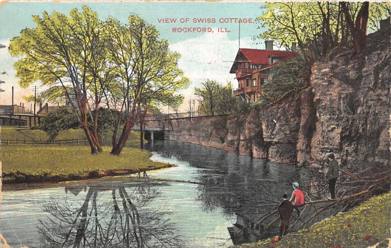 Rockford Illinois~Swiss Cottage~Boys on Tree Branch over Creek~1907 Pc