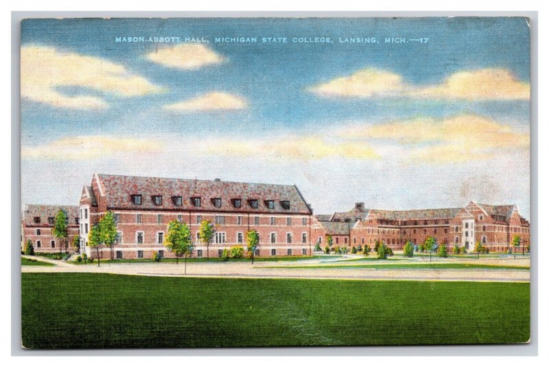 Mason-Abbott Hall Michigan State College Lansing MI UNP Linen Postcard Z1