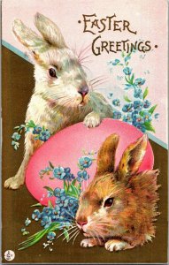 Gorgeous brrown and white rabbits Easter egg forget-mee-nots embossed