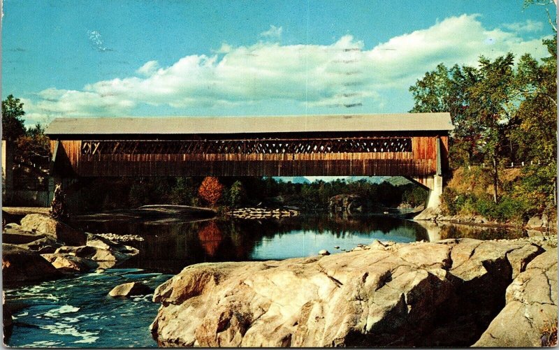 Covered Bridge Old Lattice Pemigewasset River Woodstock NH Postcard PM Wolfeboro 