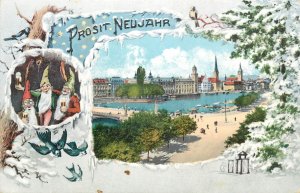 Luck dwarfs New Year greetings vintage postcard Zurich panorama Switzerland