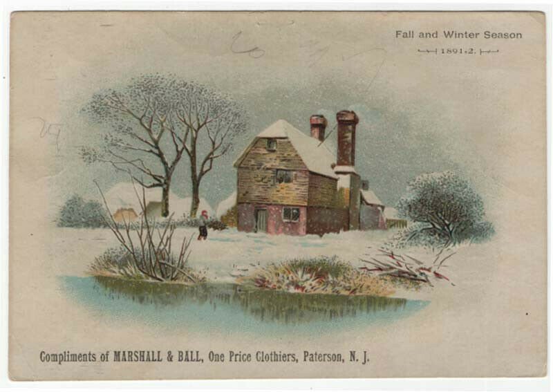 Paterson, NJ, MARSHALL & BALL, Clothiers Trade Card. A Country Mill in Winter