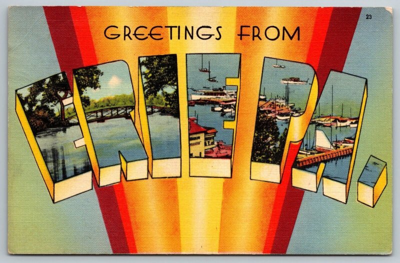 Erie Pennsylvania~Docks & Boats~Bridge~Large Letter Linen 1940s Postcard