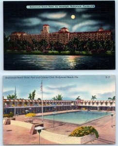 2 Postcards HOLLYWOOD BEACH HOTEL, Florida FL ~ Moon Night POOL & CABANA CLUB