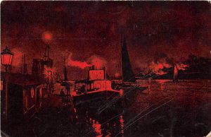 Langsville to Middleport Ohio 1908 Postcard Boats at Night