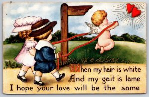 Valentine~Cupid Leads Couple To Loveland~Gold~Embossed~Whitney~1913 Postcard