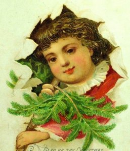 1870's-80's Lovely Girl Holding Christmas Tree Poem Embossed Victorian Card *B