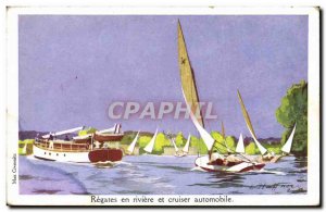 Old Postcard Fantasy Illustrator Haffner Boat Regattas in river and motor cru...