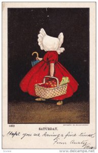 Saturday, Girl wearing a white bonnet holding basket full of fruits, PU-1905