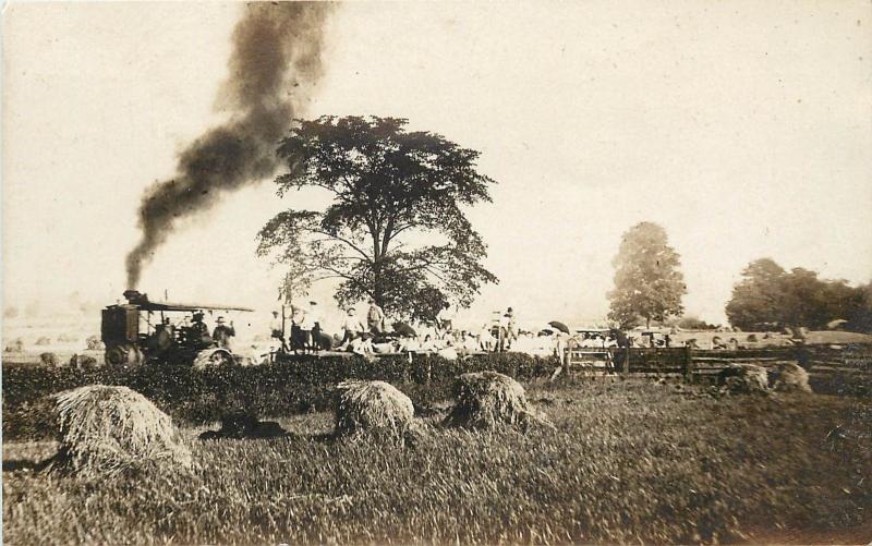 1907-1918 Real Photo Postcard Steam Tractor Pulls Cars full of People by Fields