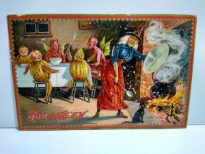 Halloween Postcard Tucks Original Devils & Gourds Dining Witch Brewing No 160