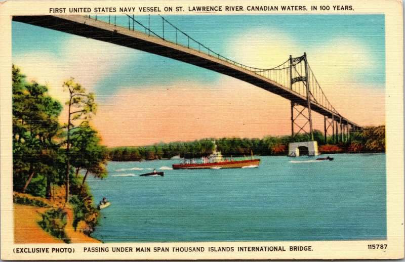 Vtg Navy Vessel on St Lawrence River Thousand Islands New York NY Postcard