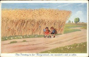 German Art Children on Sunday Morning Walk Mandolin Vintage Postcard