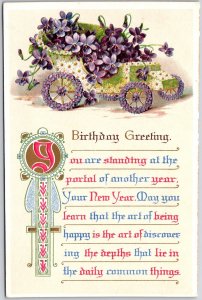 Birthday Greetings Violet Small Flowers Inside The Cart Poem Greetings Postcard