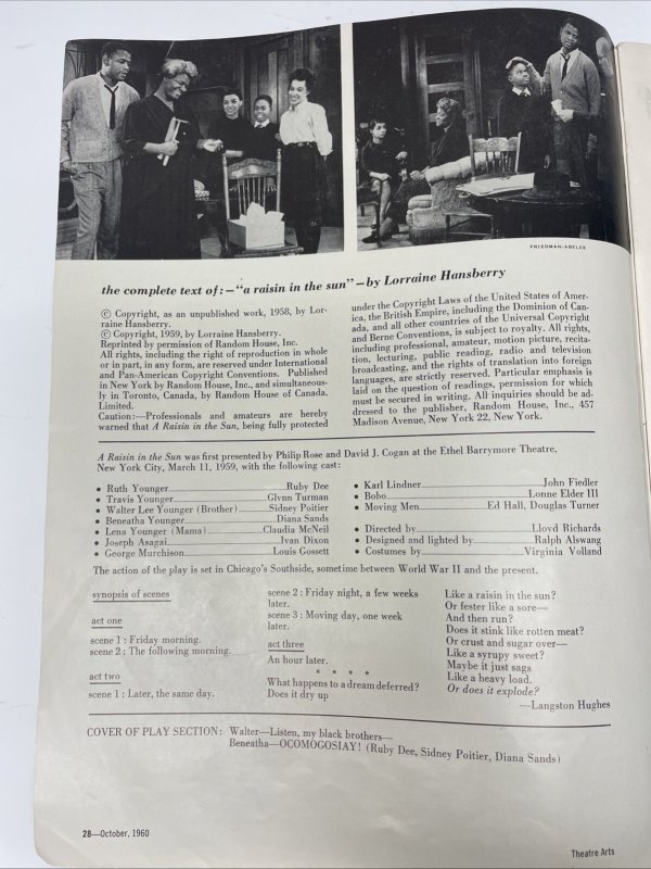 A Raisin in the Sun Play by Lorraine Hansberry, October 1960 Program