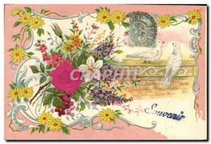 Old Postcard Fantasy Flowers Doves