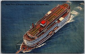 Cincinnati Ohio, 1945 Aerial View, Steamer Island Queen, Ship, Vintage Postcard