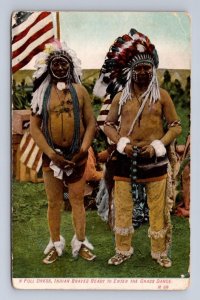 INDIAN BRAVES READY TO ENTER THE GRASS DANCE POSTCARD (c. 1908)