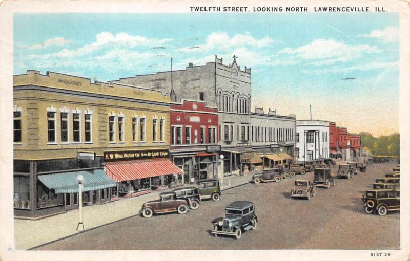 Lawrenceville Illinois 12th street Looking North Vintage Postcard U757