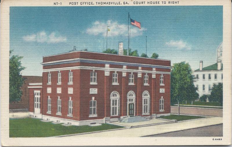 Post Office & Court House, Thomasville, GA,, Early Linen Postcard, Unused