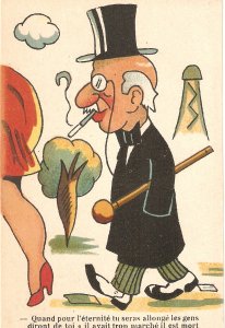 Old man following woman  Humorous antique French Postcard