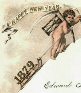 1879 Engraved New Year's Card Baby Sled Hourglass & Sickle Fab! P161