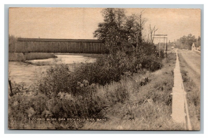 Vintage 1940's Photo Postcard Old Covered Bridge Piscataquis River Maine