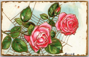 1909 Beautiful Large Print Pink Roses Flowers Greetings Posted Postcard